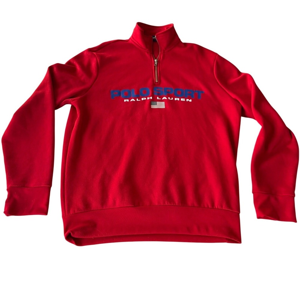 VTG Polo Sport Ralph Lauren 1/4 Zip Sweatshirt L Red USA Flag Sportswear Street - Picture 2 of 6